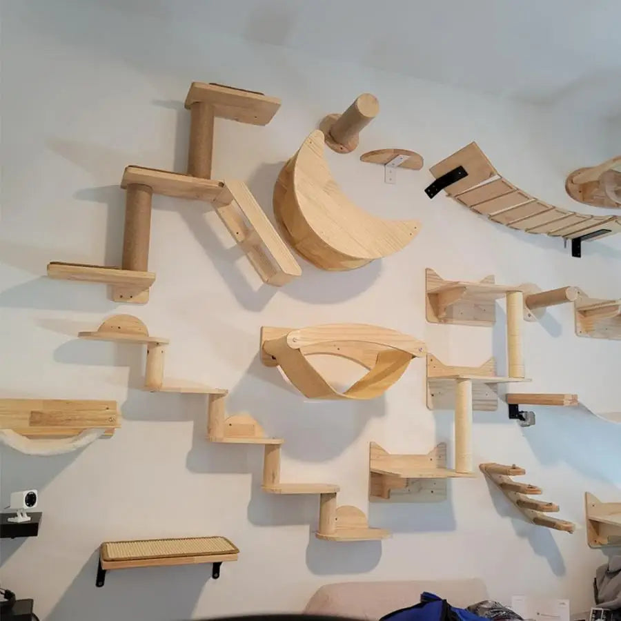 Wall-Mounted Cat Climbing Shelves with Hammock & Scratching Post