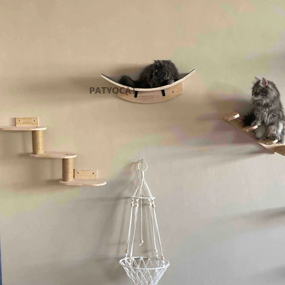 Wall-Mounted Cat Climbing Shelves with Hammock & Scratching Post