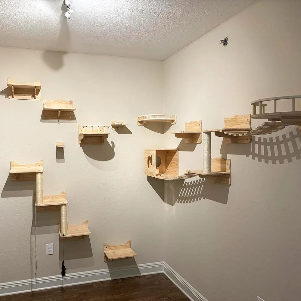 Wall-Mounted Cat Climbing Shelves with Hammock & Scratching Post