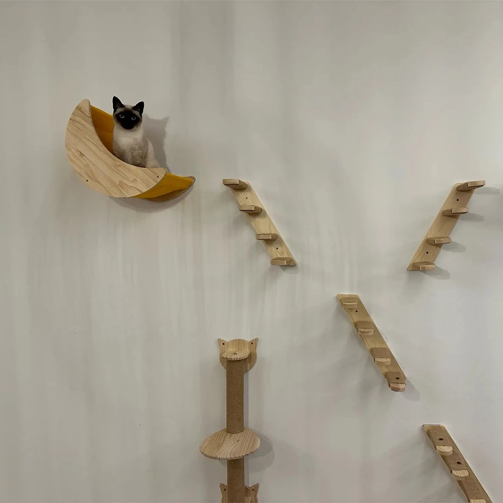 Wall-Mounted Cat Climbing Shelves with Hammock & Scratching Post